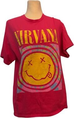 Nirvana Acid Wash Smiley Face Graphic Short Sleeve Band Tee, Pink, Size Large